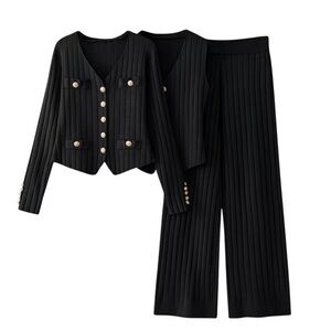 Elegant Black Women's Wide Leg Sweater Set